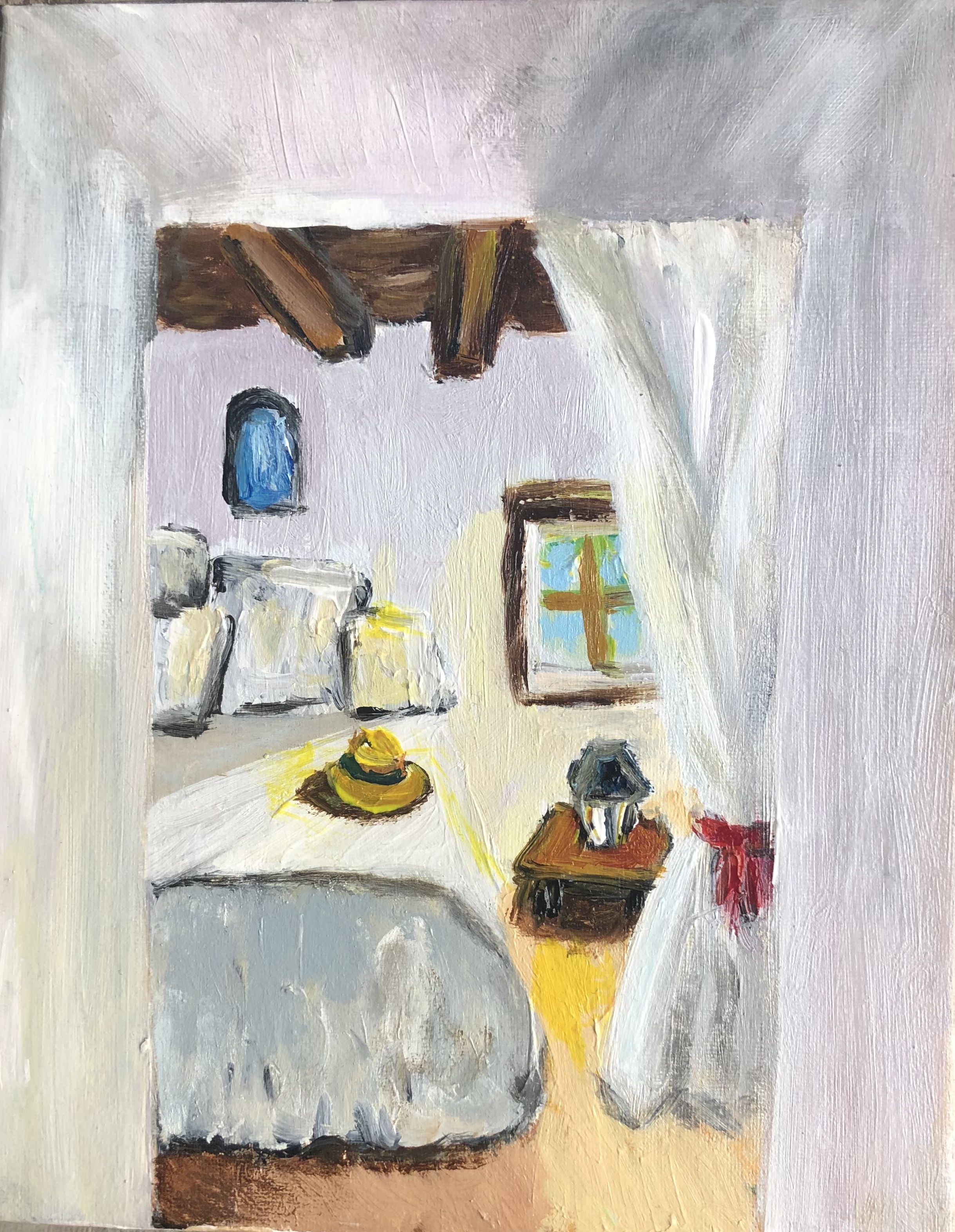 Chambre blanche aux poutres, peinture d'intérieur, Véronique Françaix